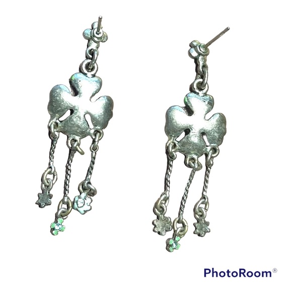 EARRINGS Four leave clover,  silver enamel and crystals - Picture 5 of 6
